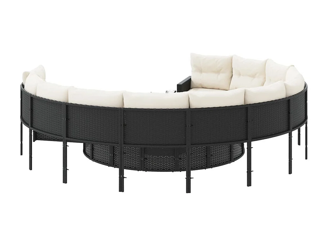 Sofá de jardín con mesa redonda con cojines de resina tejida en negro.