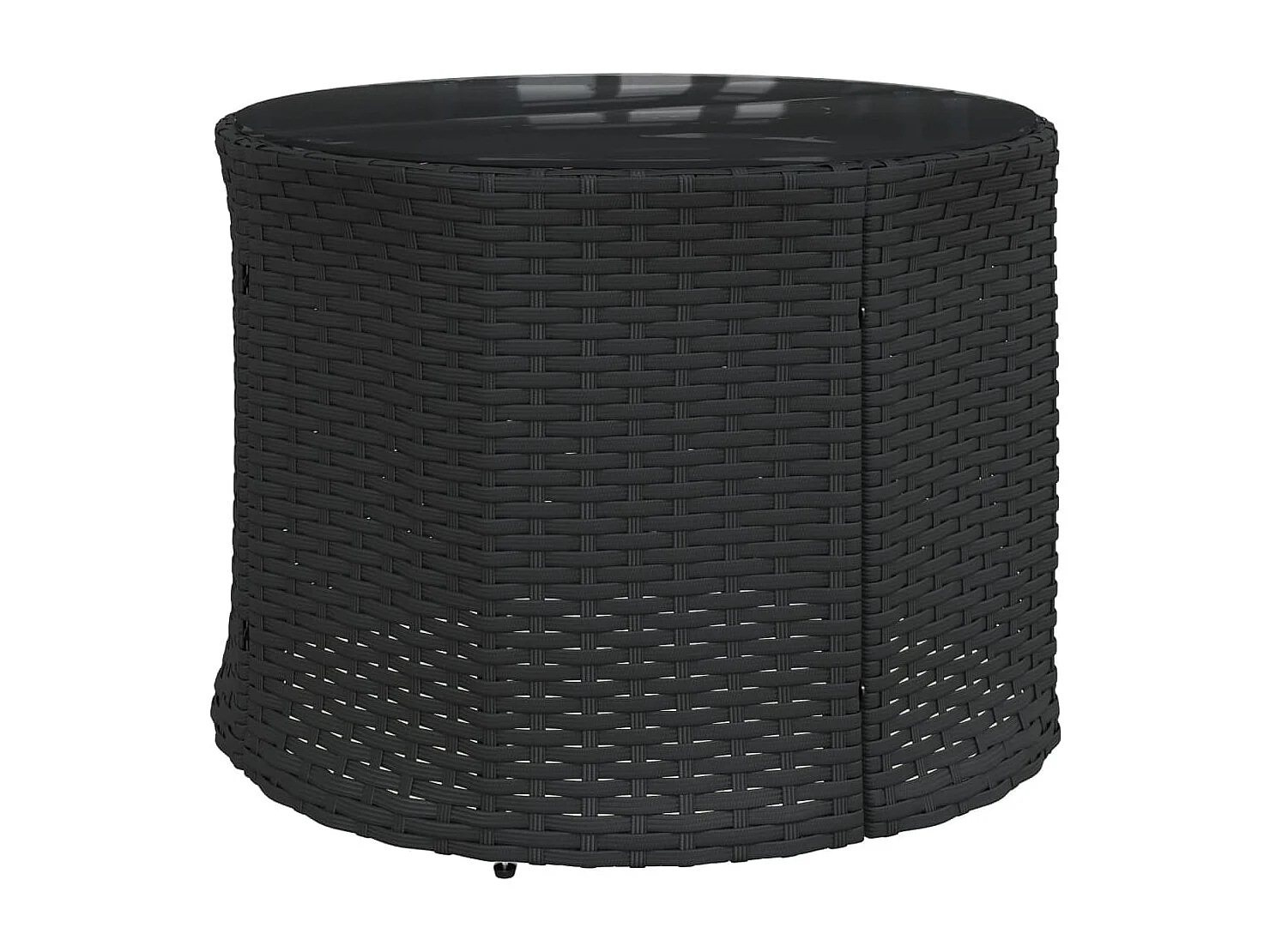 Sofá de jardín con mesa redonda con cojines de resina tejida en negro.