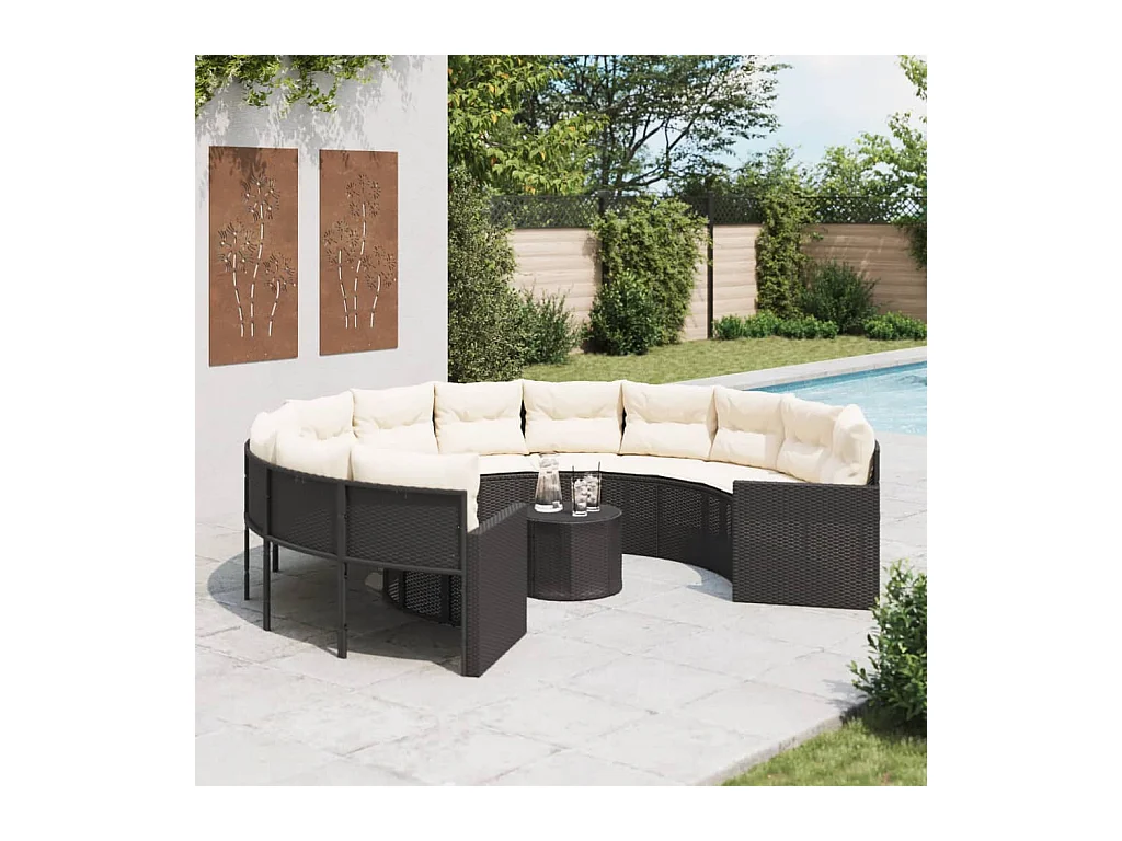 Canapé de jardin avec table coussins rond noir résine tressée