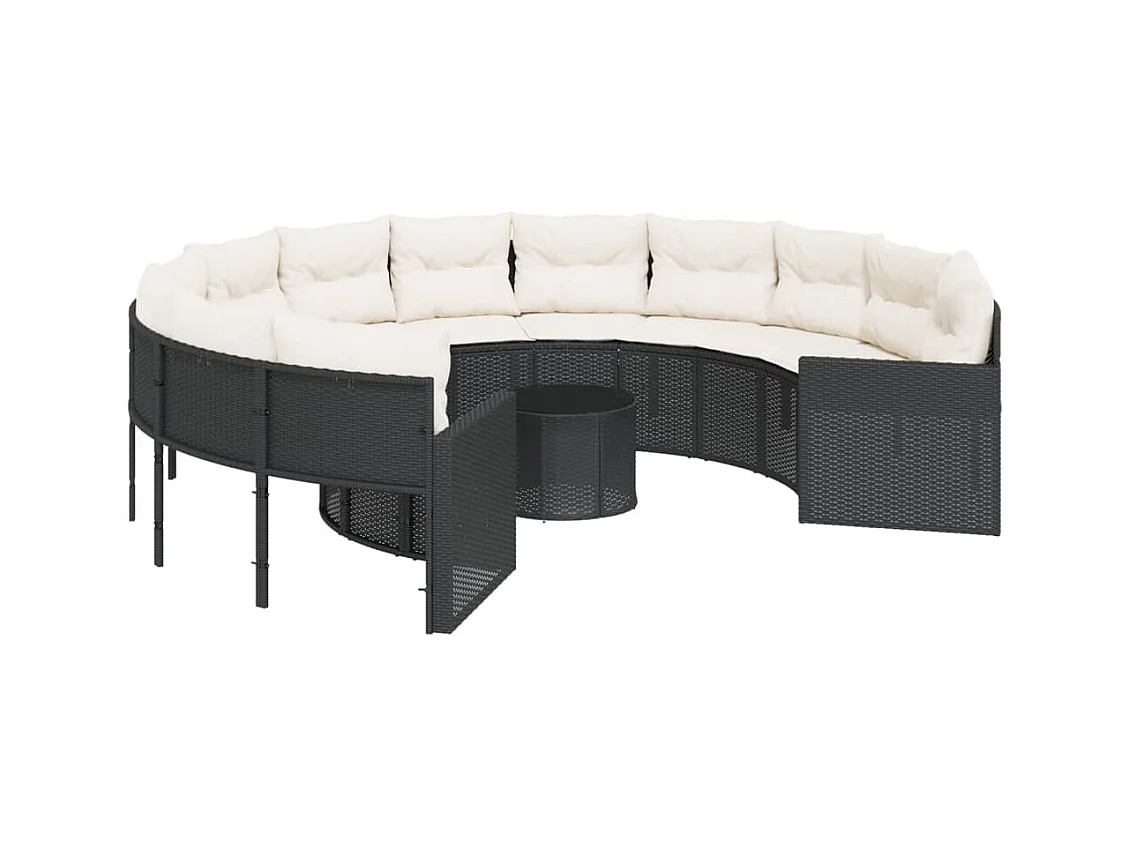Canapé de jardin avec table coussins rond noir résine tressée