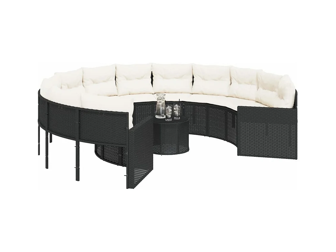 Canapé de jardin avec table coussins rond noir résine tressée