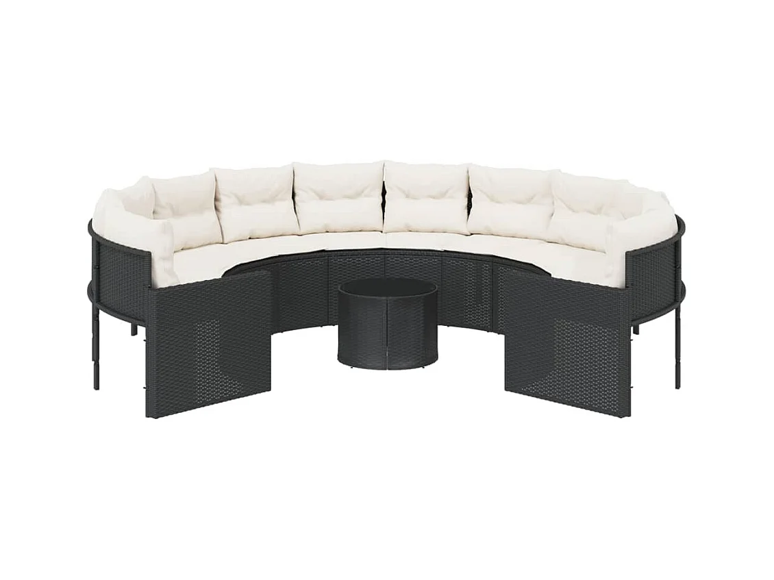 Canapé de jardin avec table coussins rond noir résine tressée