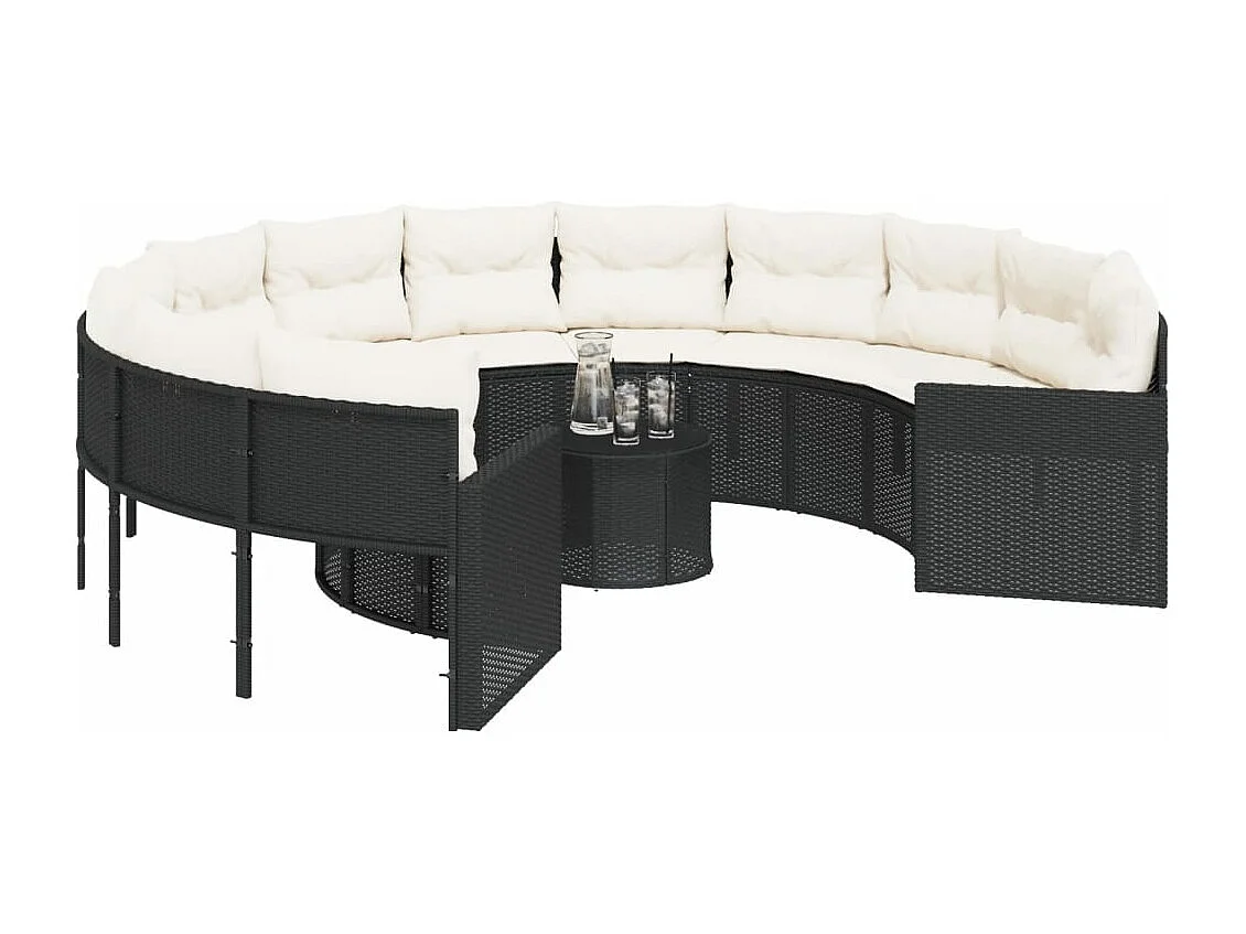 Canapé de jardin avec table coussins rond noir résine tressée