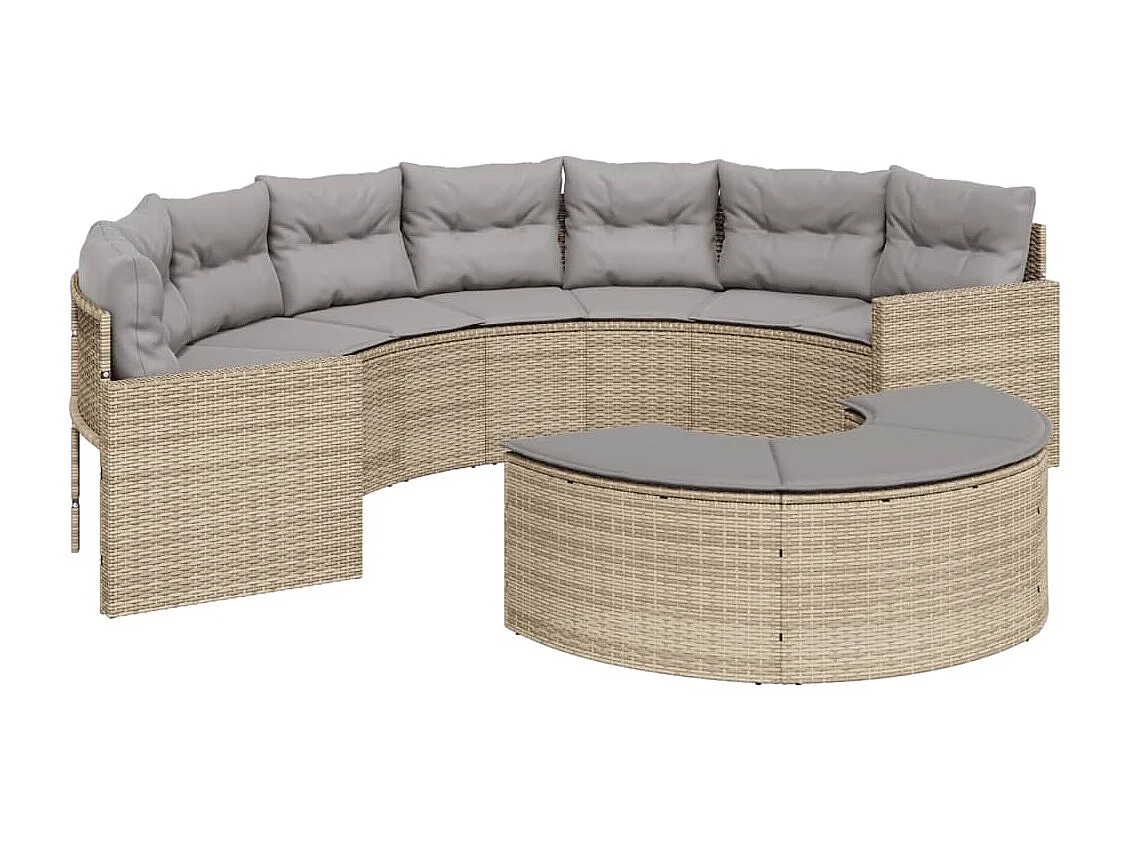 Canapé de jardin avec coussins demi-rond beige résine tressée