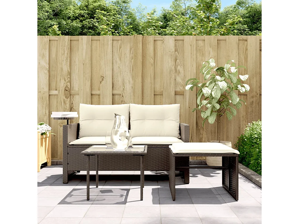 Muebles de jardín con cojines 3 piezas resina tejida marrón