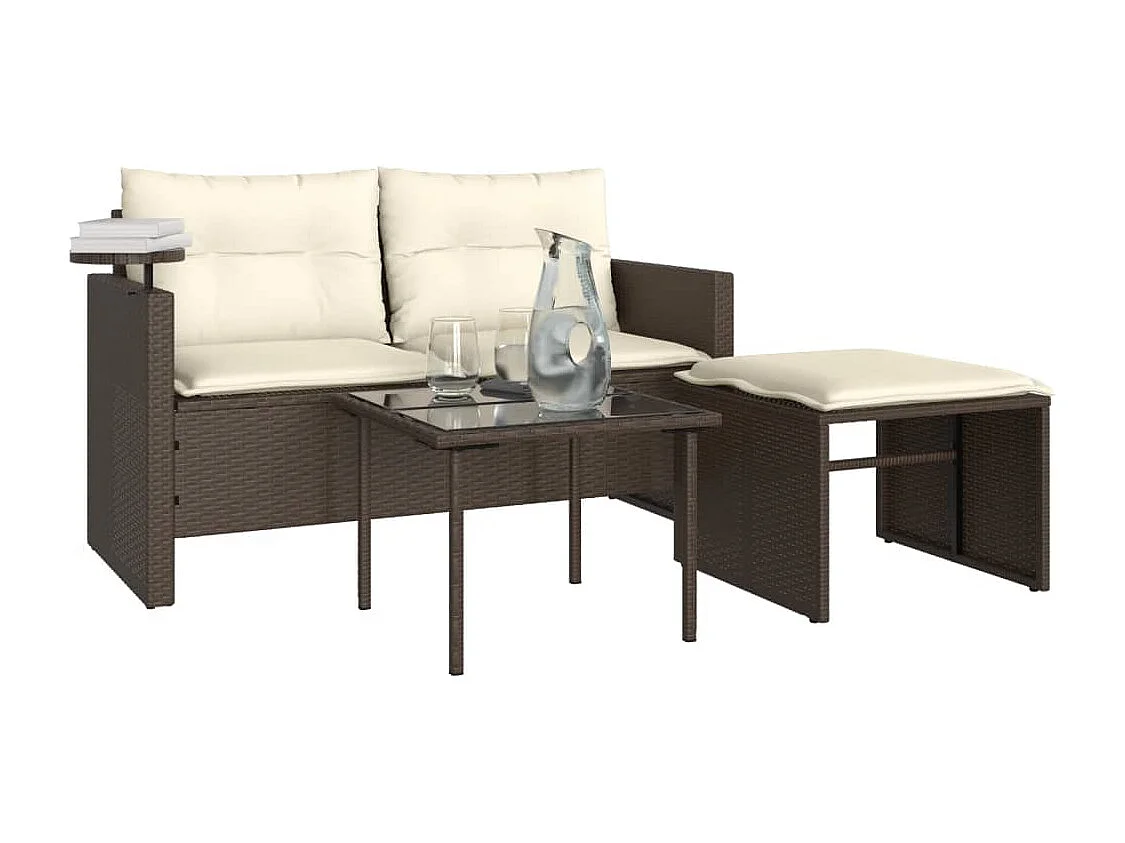 Muebles de jardín con cojines 3 piezas resina tejida marrón