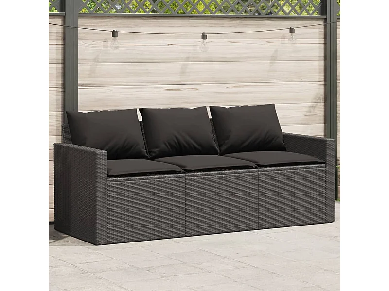 Canapé de jardin avec coussins 3 places noir résine tressée