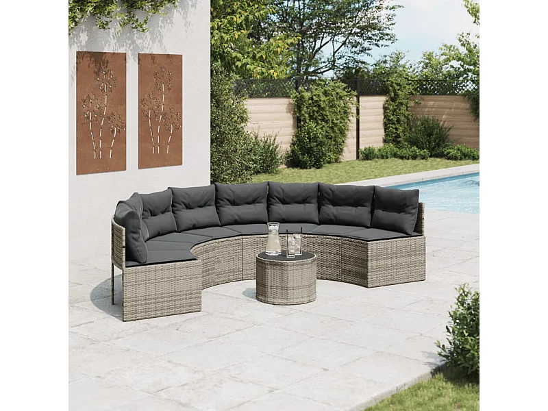 Almofadas de mesa para sofá de jardim meio redondo de resina tecida cinza