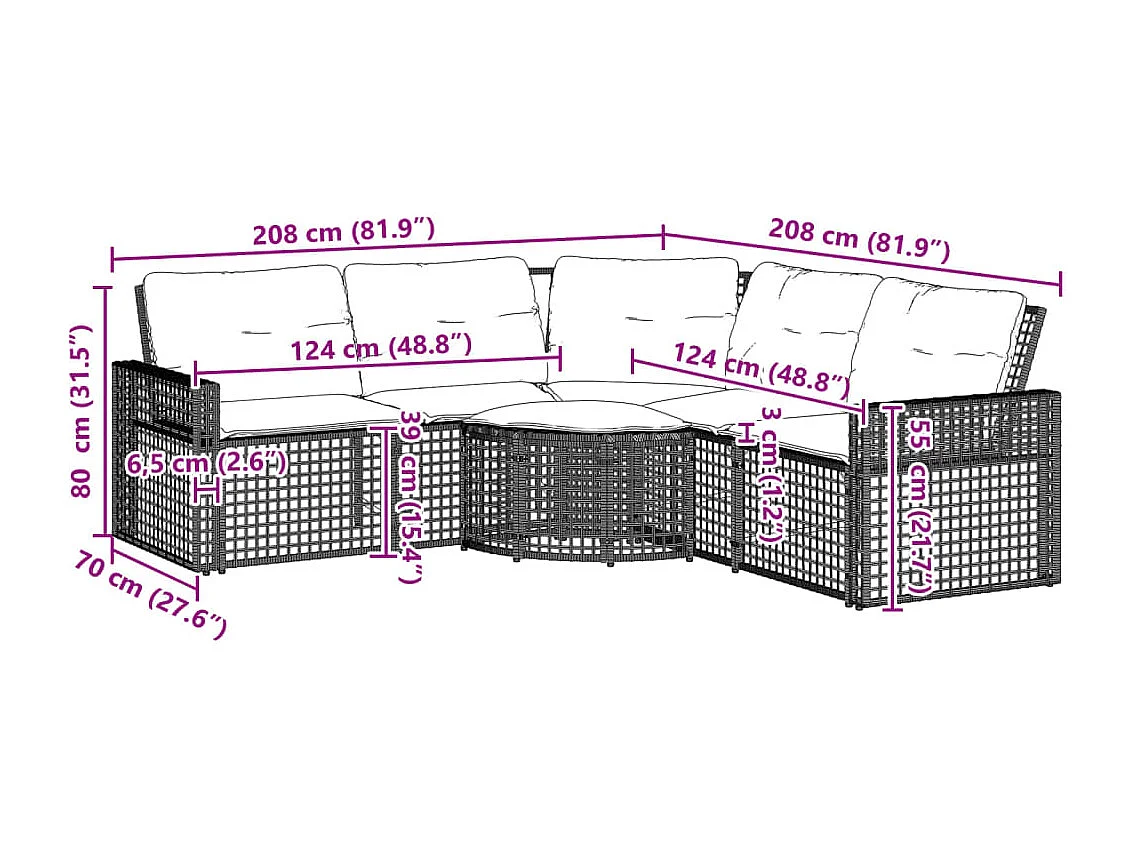 Sofá de vime em forma de L para jardim, almofadas e repousa-pés