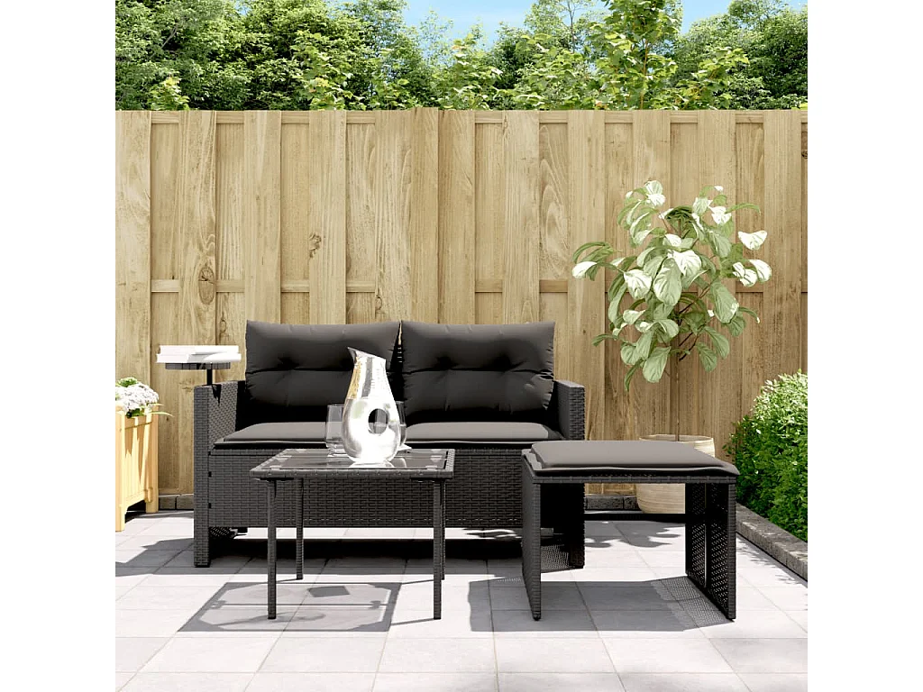 Salon de jardin 3 pcs avec coussins noir résine tressée