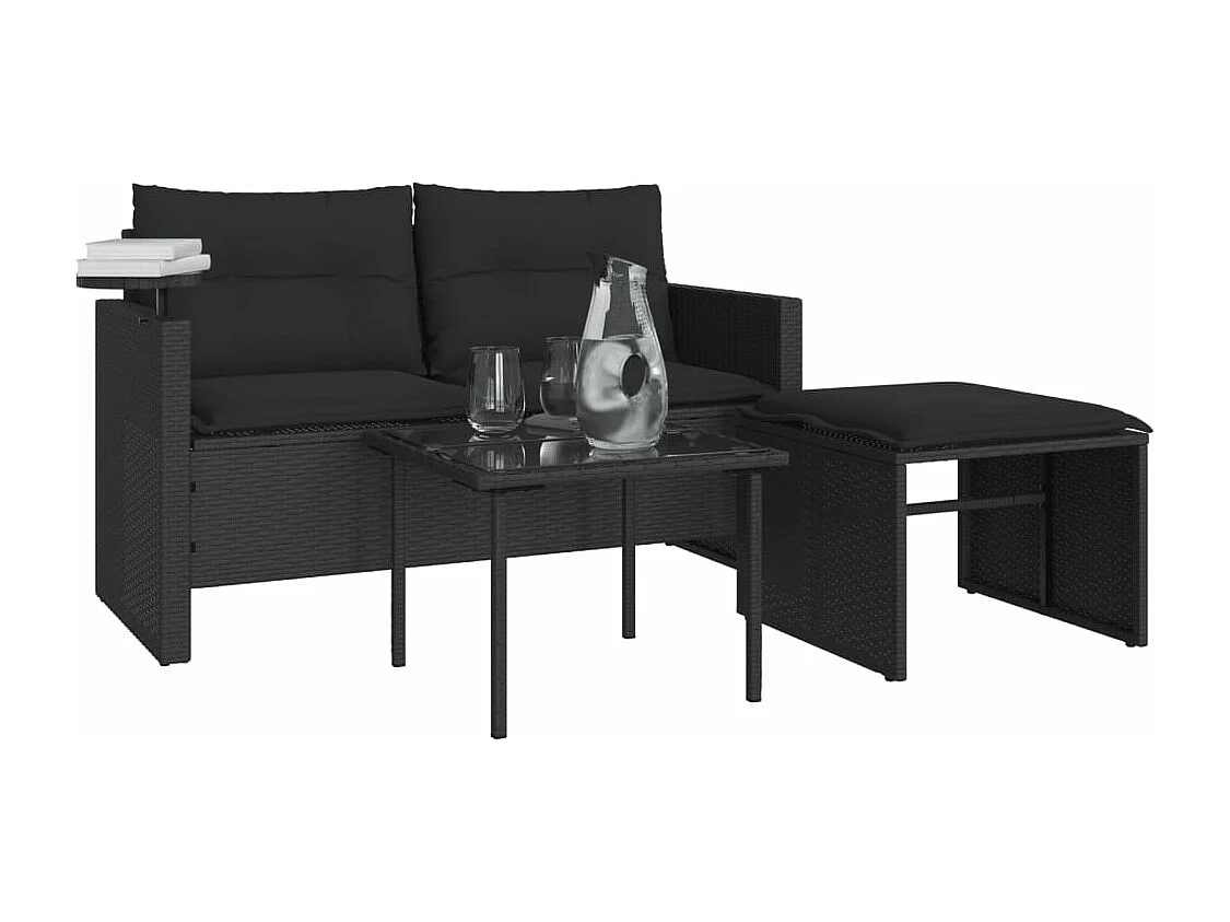 Salon de jardin 3 pcs avec coussins noir résine tressée