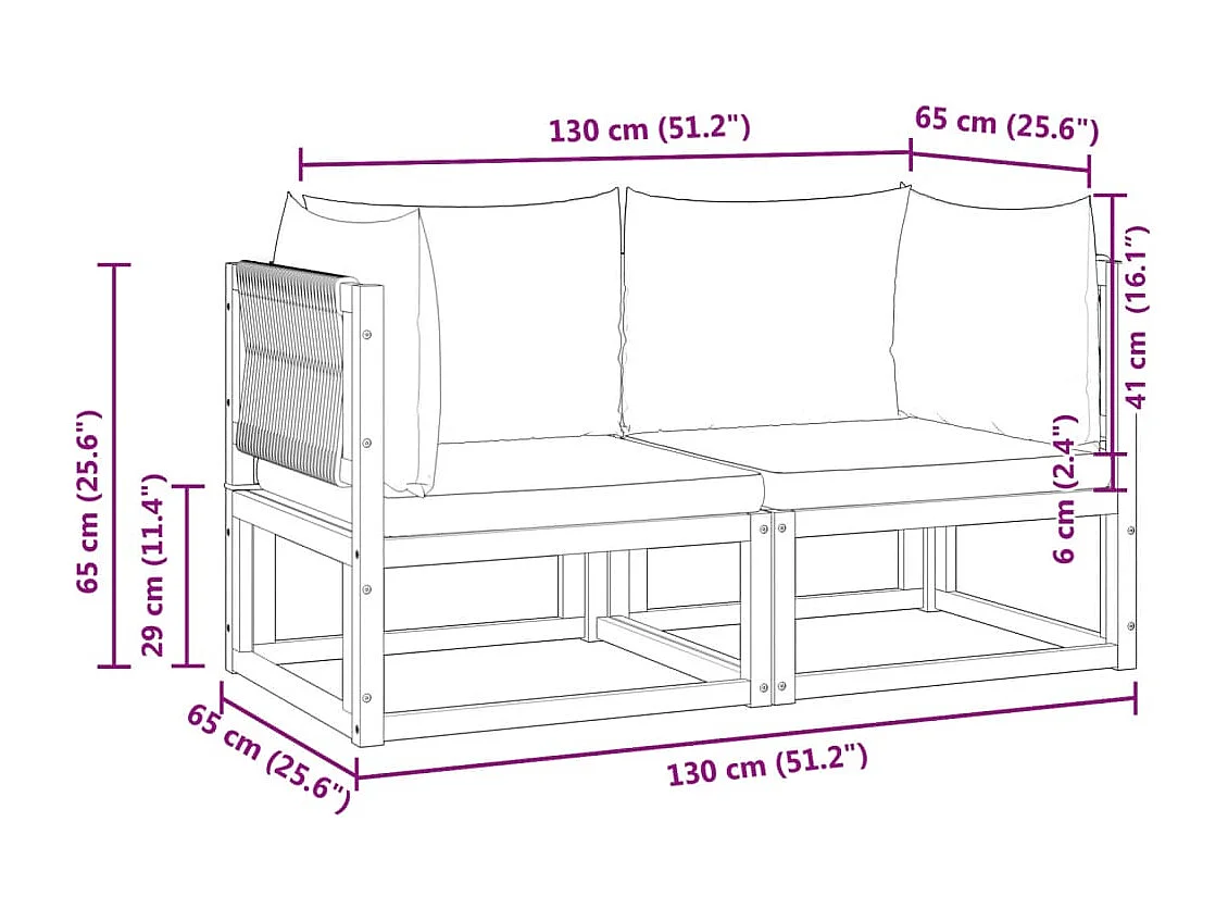 Canapés d'angle de jardin et coussins 2pcs bois massif d'acacia