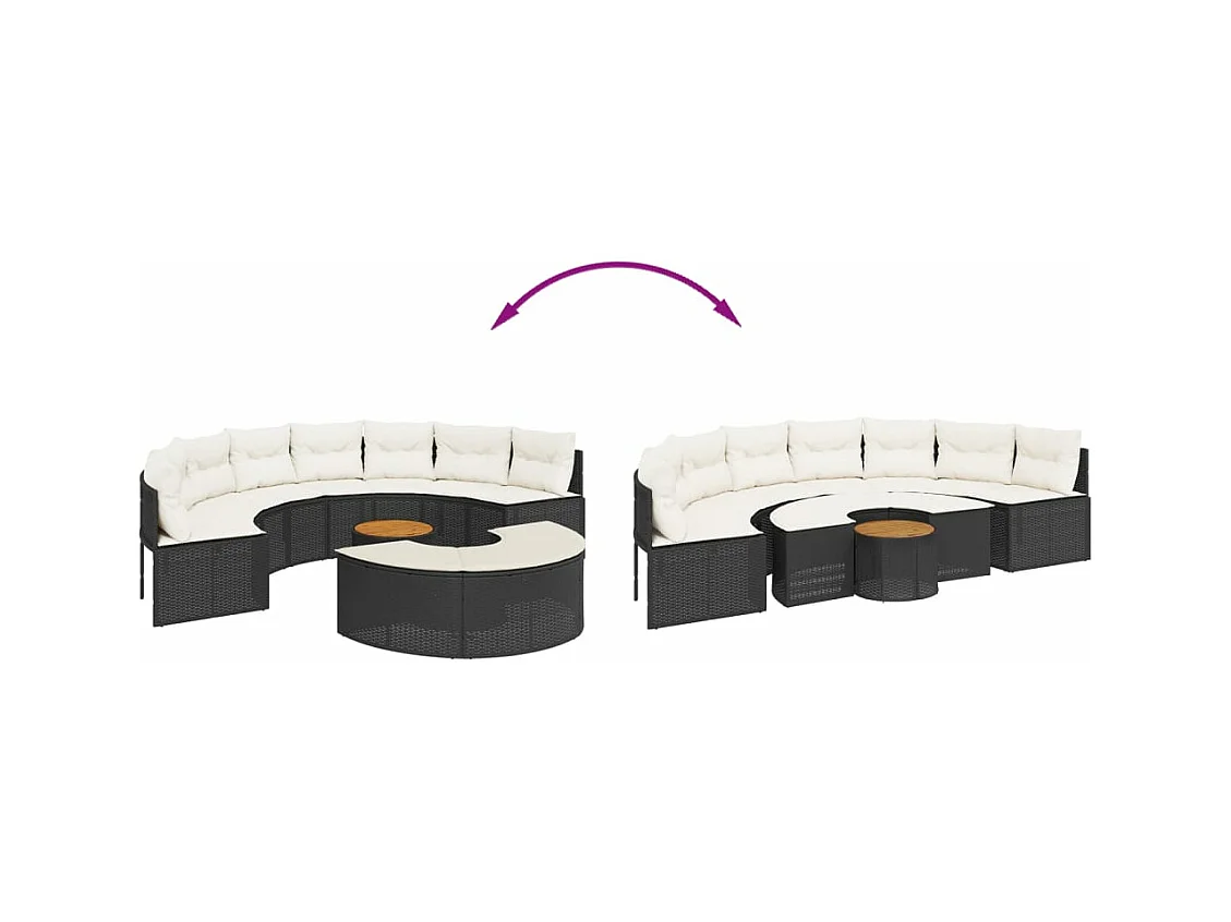 Salon de jardin 3 pcs demi-rond noir résine tressée