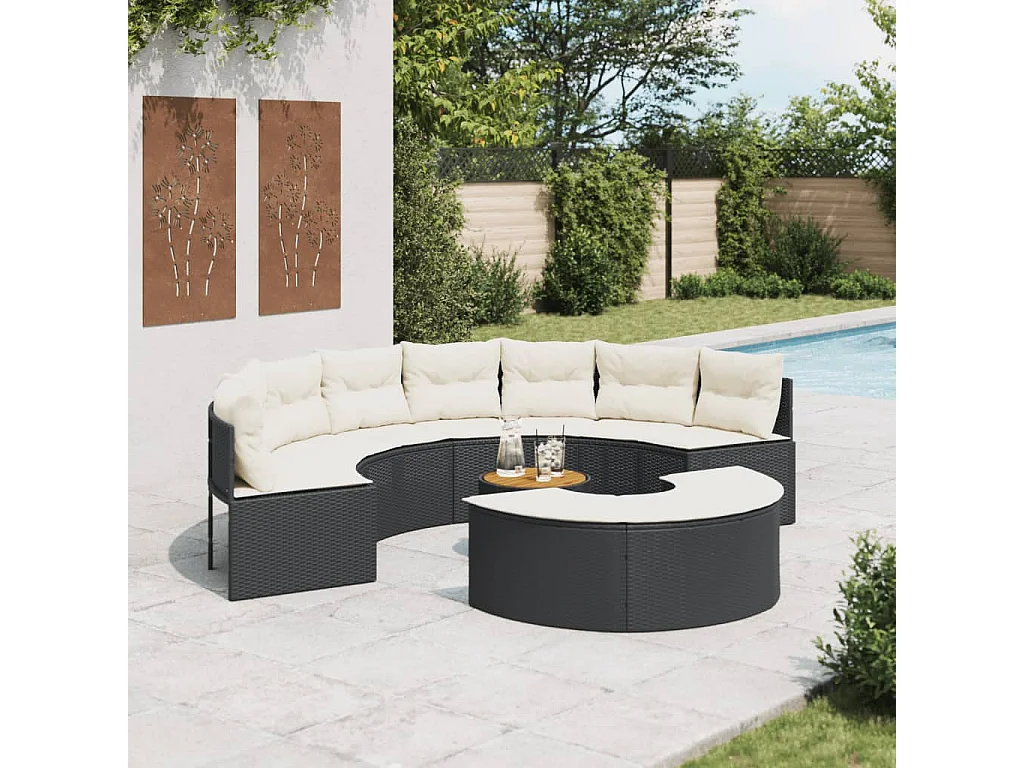 Salon de jardin 3 pcs demi-rond noir résine tressée