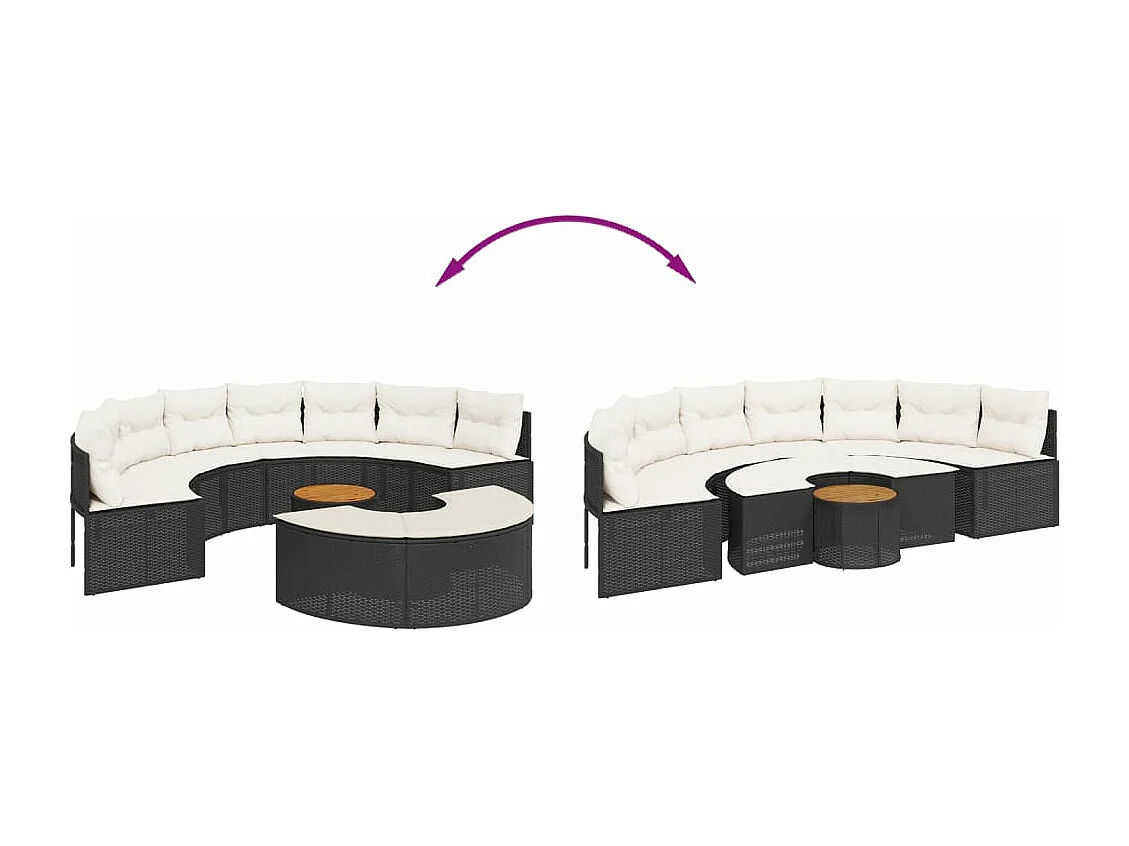 Salon de jardin 3 pcs demi-rond noir résine tressée