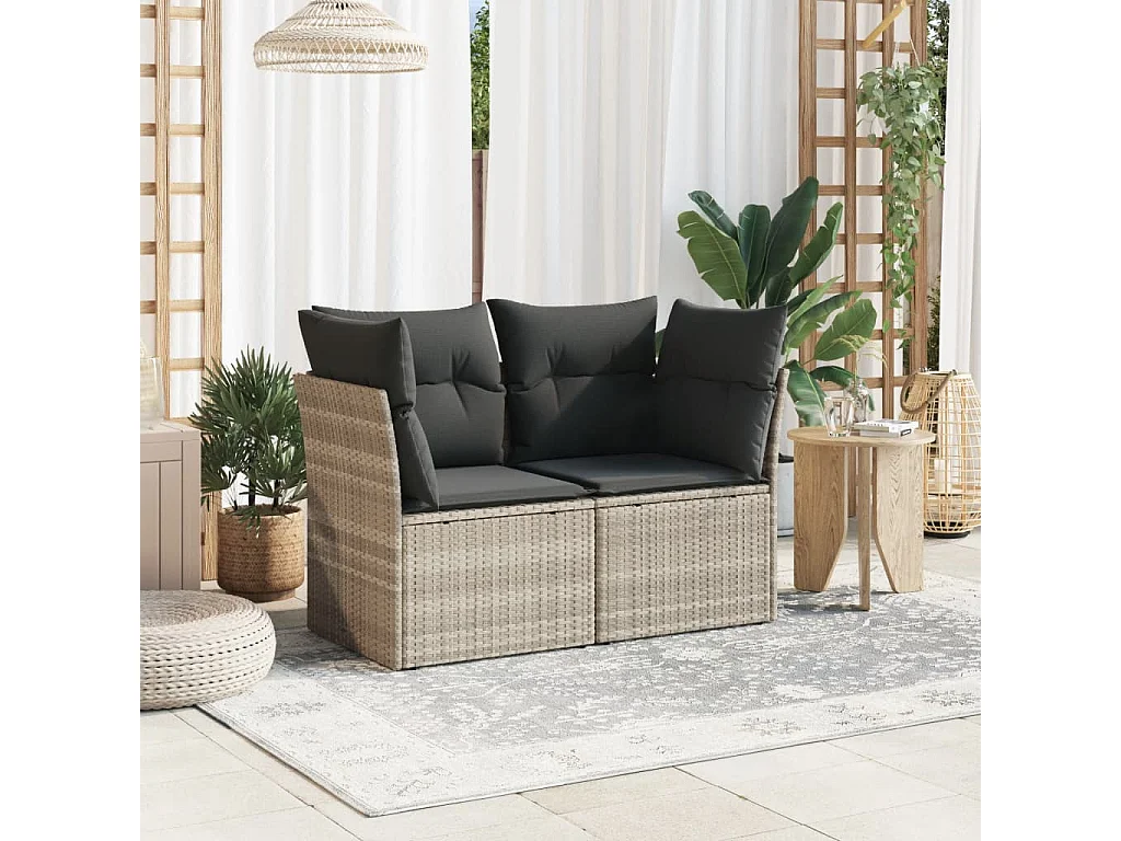 Canapé de jardin 2 places et coussins gris clair résine tressée