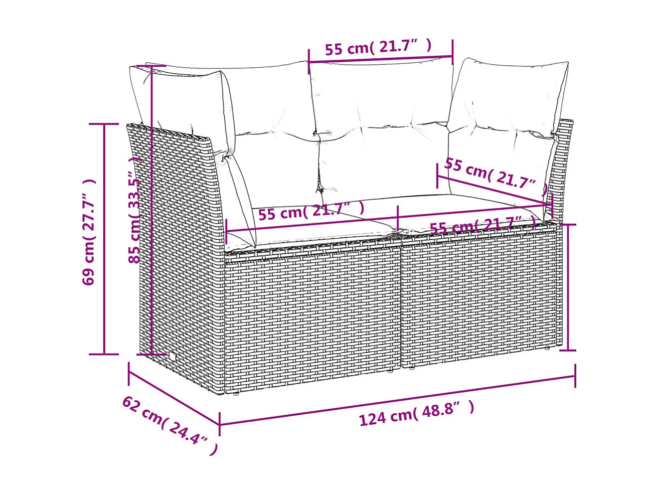 Canapé de jardin 2 places et coussins gris clair résine tressée
