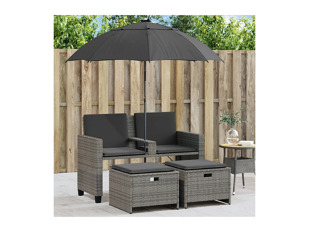 Canapé de jardin 2 places avec parasol et tabourets gris rotin