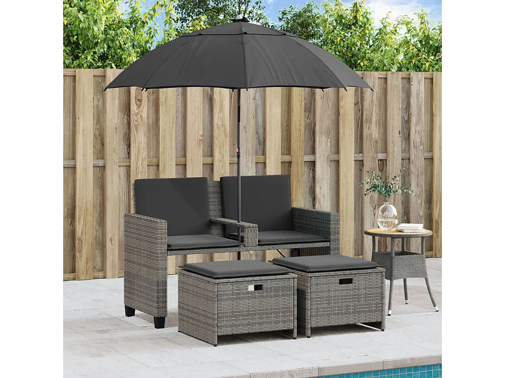 Canapé de jardin 2 places avec parasol et tabourets gris rotin