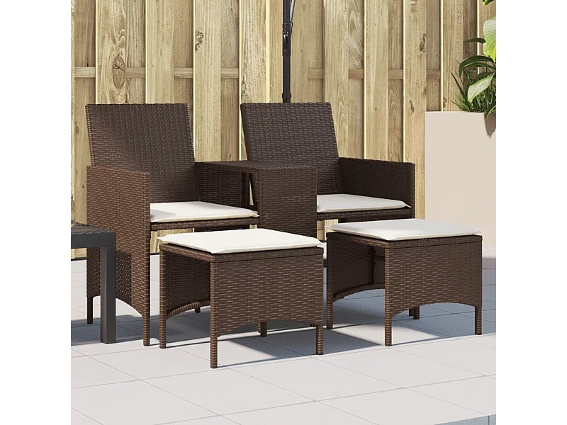 2-Sitzer-Gartensofa mit braunem Rattantisch und Hockern