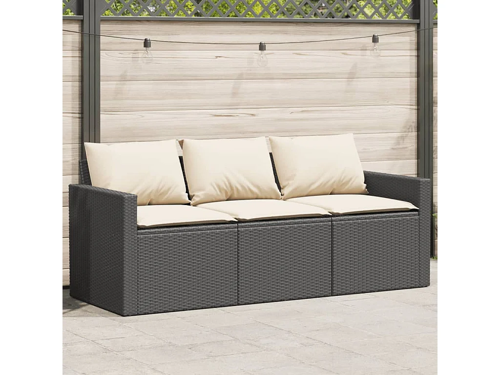 Canapé de jardin avec coussins 3 places noir résine tressée