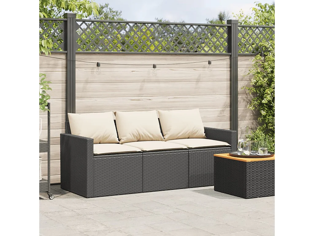 Canapé de jardin avec coussins 3 places noir résine tressée