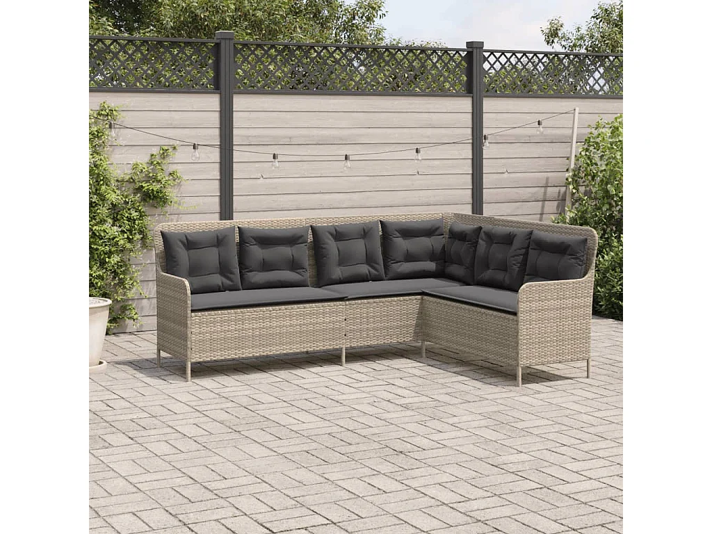 Canapé de jardin avec coussins forme de L gris clair poly rotin