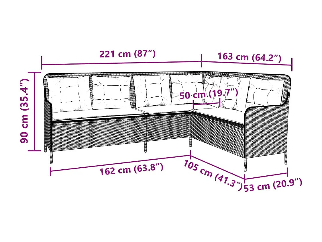 Canapé de jardin avec coussins forme de L gris clair poly rotin
