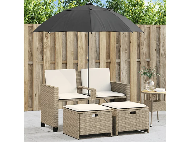 Canapé de jardin 2 places avec parasol et tabourets beige rotin