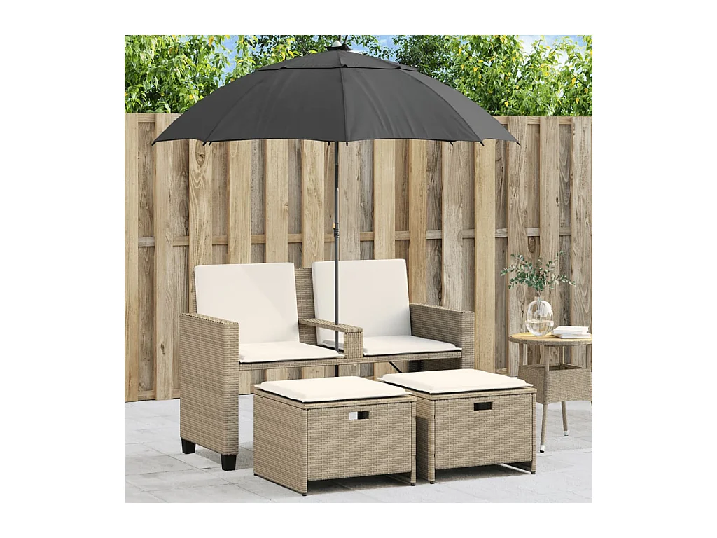 Canapé de jardin 2 places avec parasol et tabourets beige rotin
