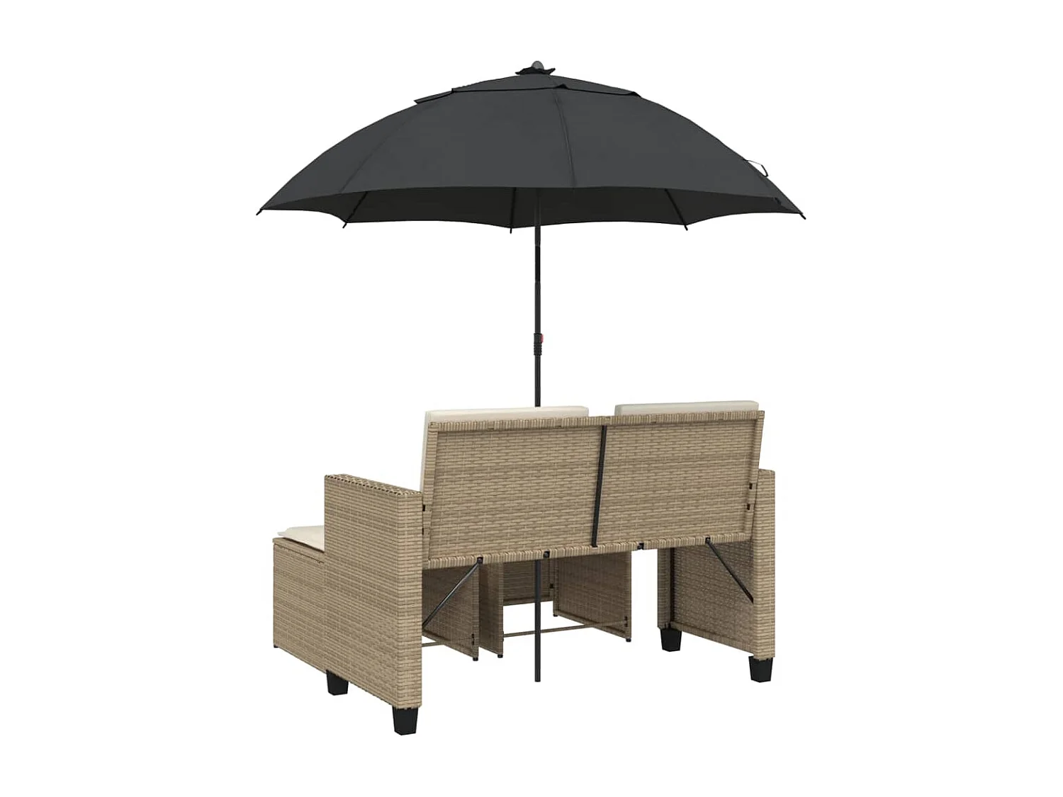 Canapé de jardin 2 places avec parasol et tabourets beige rotin