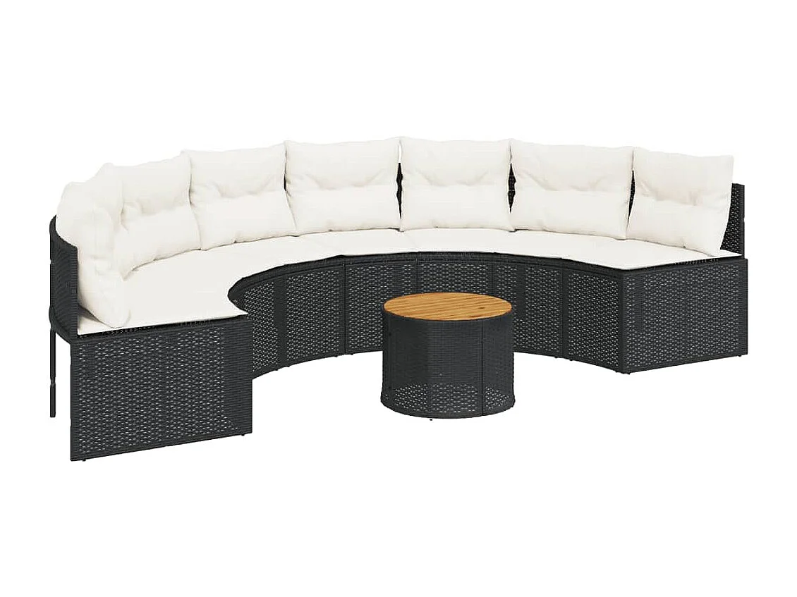 Canapé de jardin table coussins demi-rond noir résine tressée