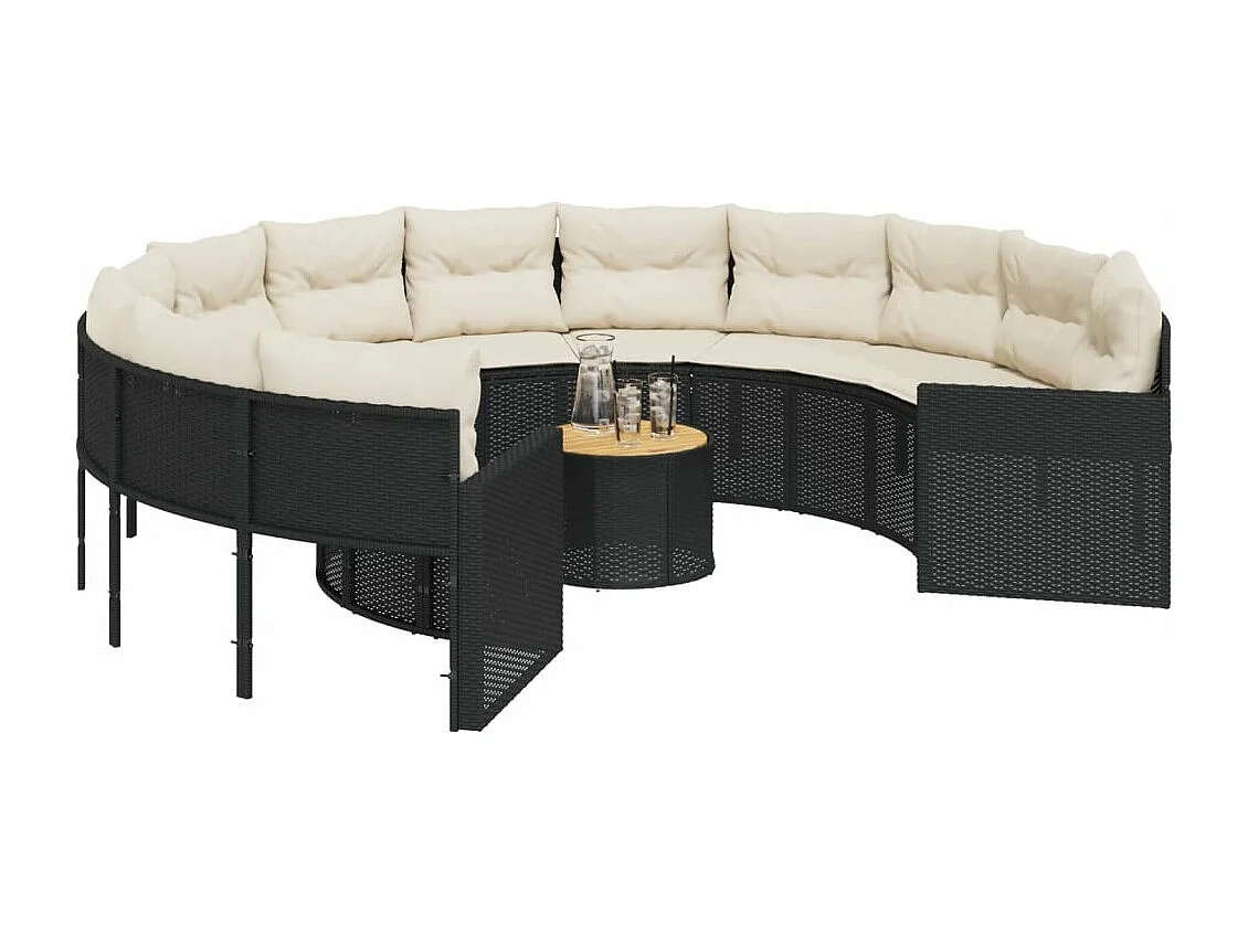 Sofá de jardim com mesa redonda de almofadas de resina tecida preta