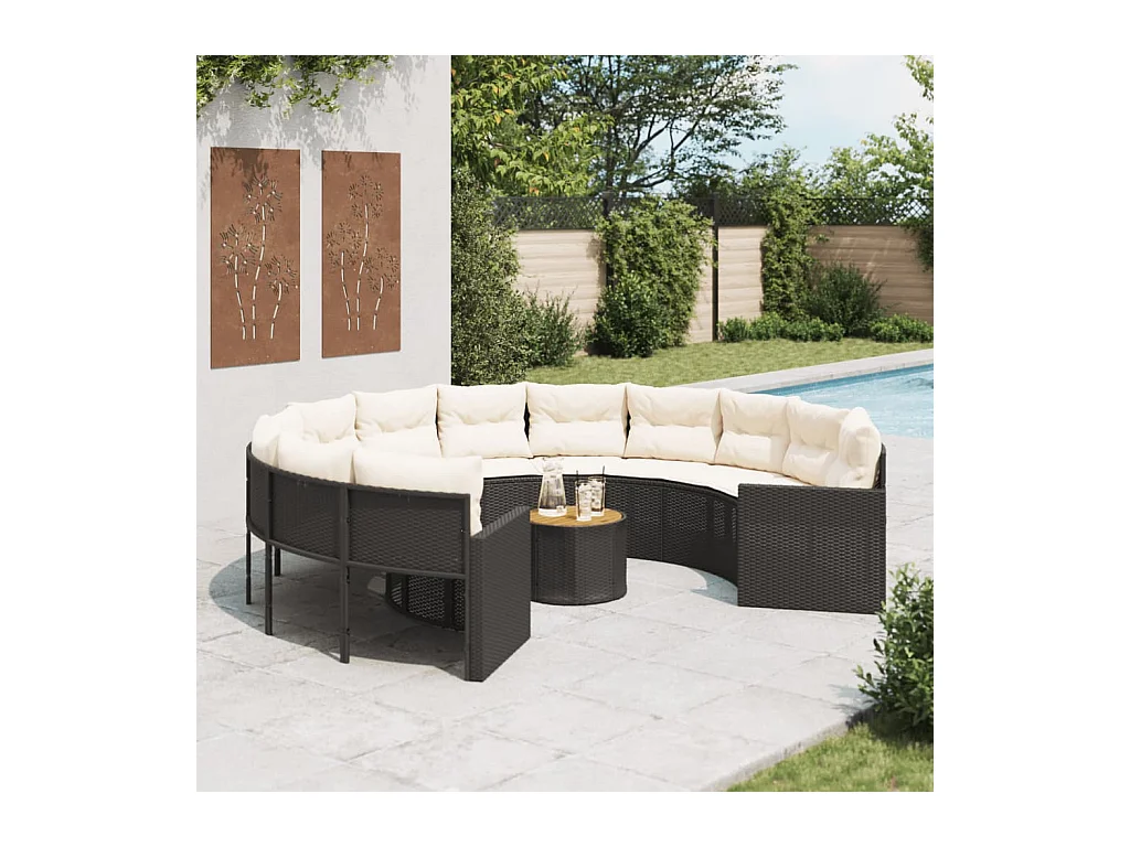 Divano da giardino con tavolo rotondo con cuscini in resina intrecciata nera