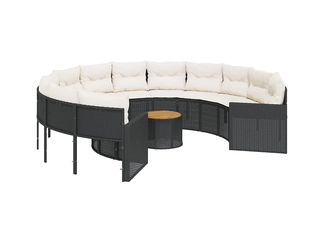 Canapé de jardin avec table coussins rond noir résine tressée