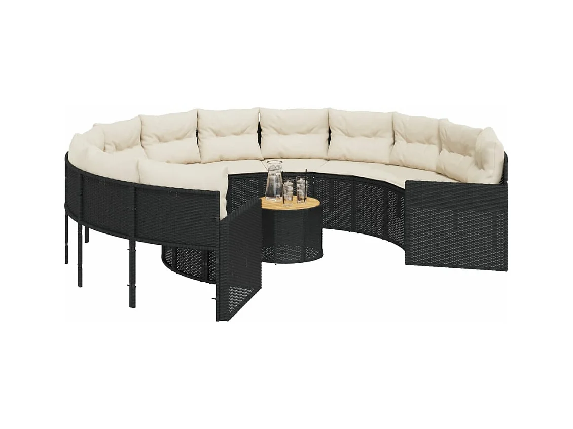 Canapé de jardin avec table coussins rond noir résine tressée