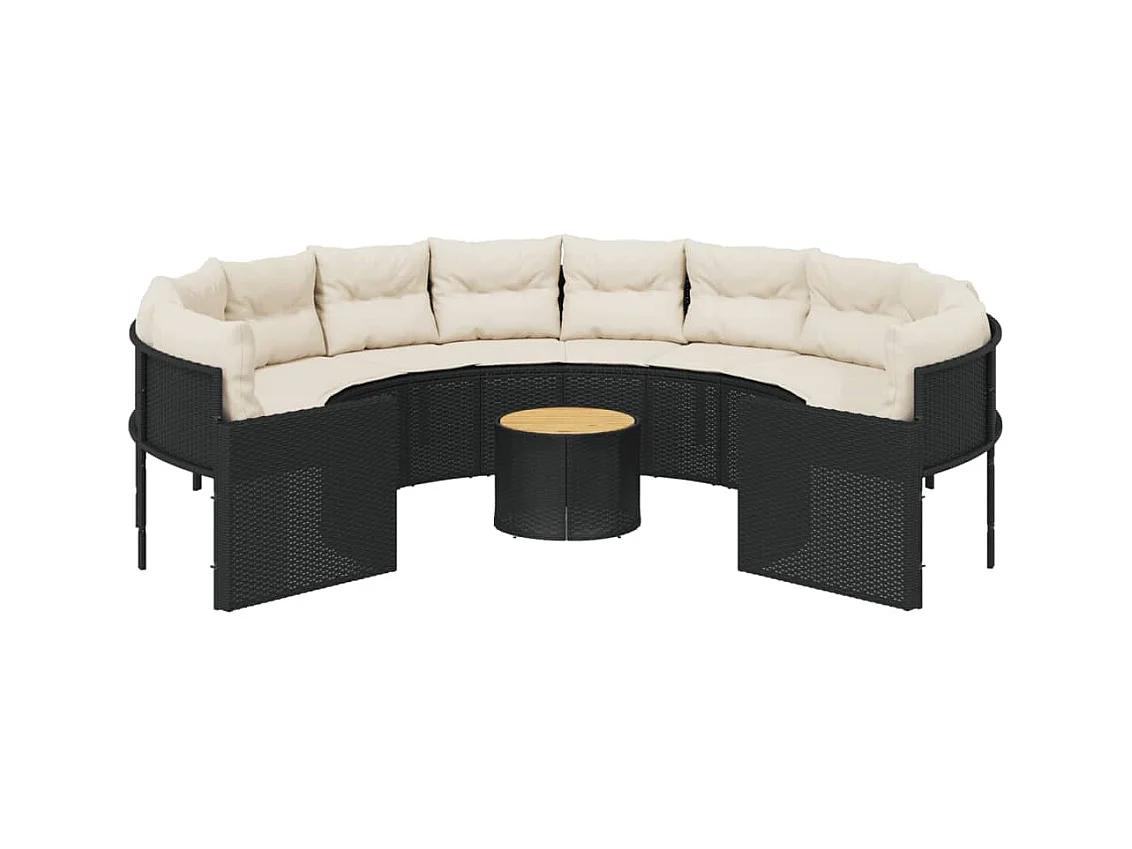 Canapé de jardin avec table coussins rond noir résine tressée