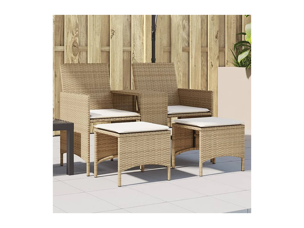 2-Sitzer-Gartensofa mit beigem Rattantisch und Hockern