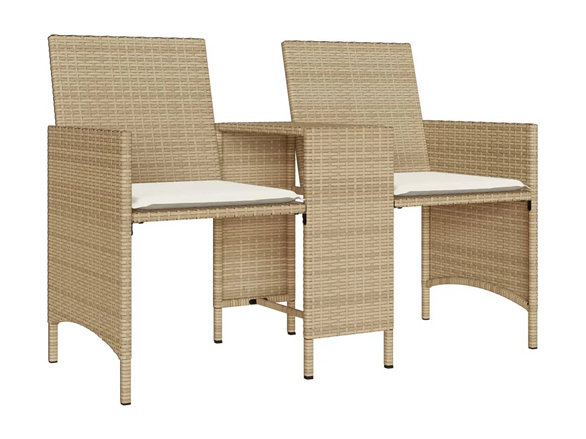 Sofá de jardín de 2 plazas con mesa y taburetes de ratán beige