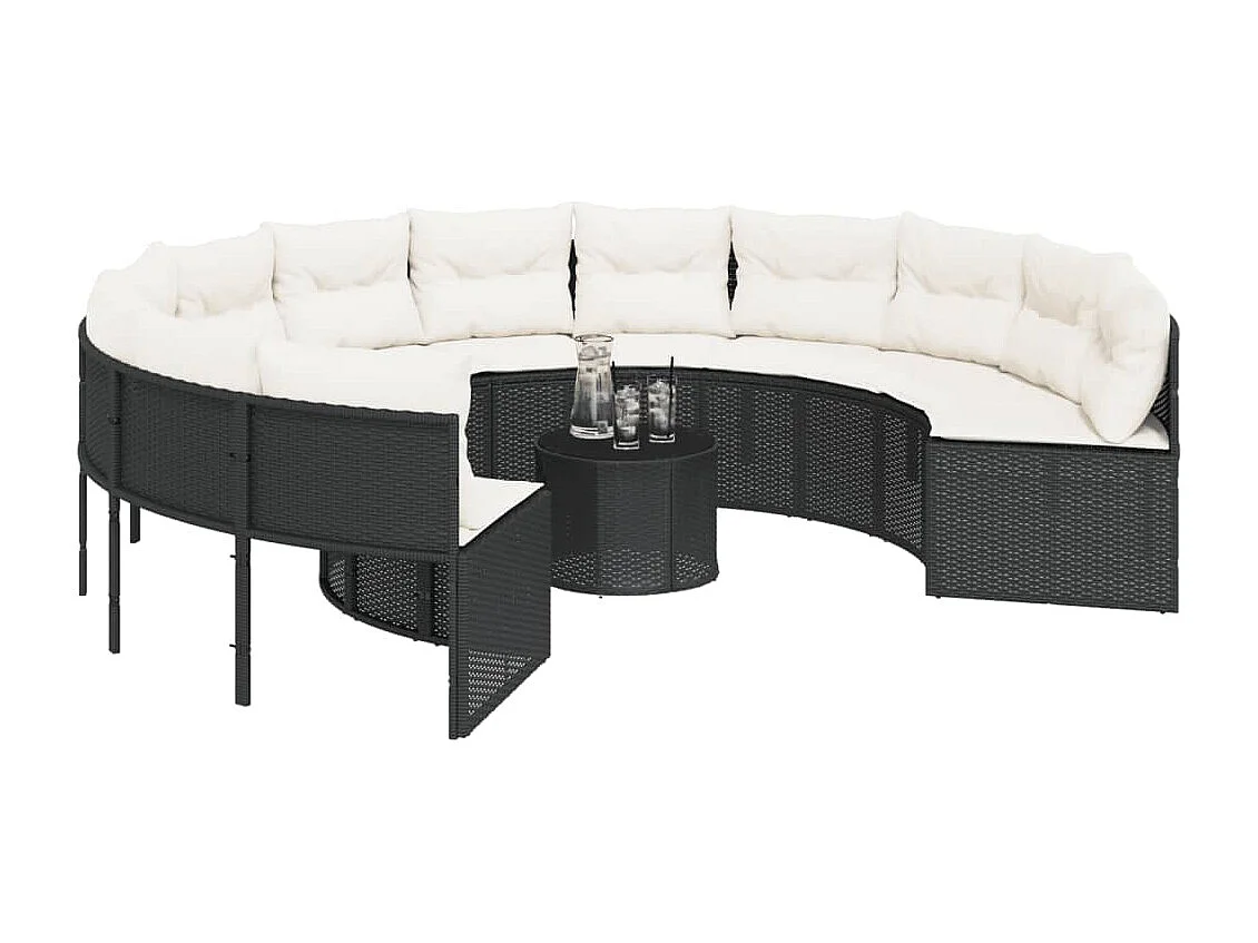 Canapé de jardin avec table coussins rond noir résine tressée