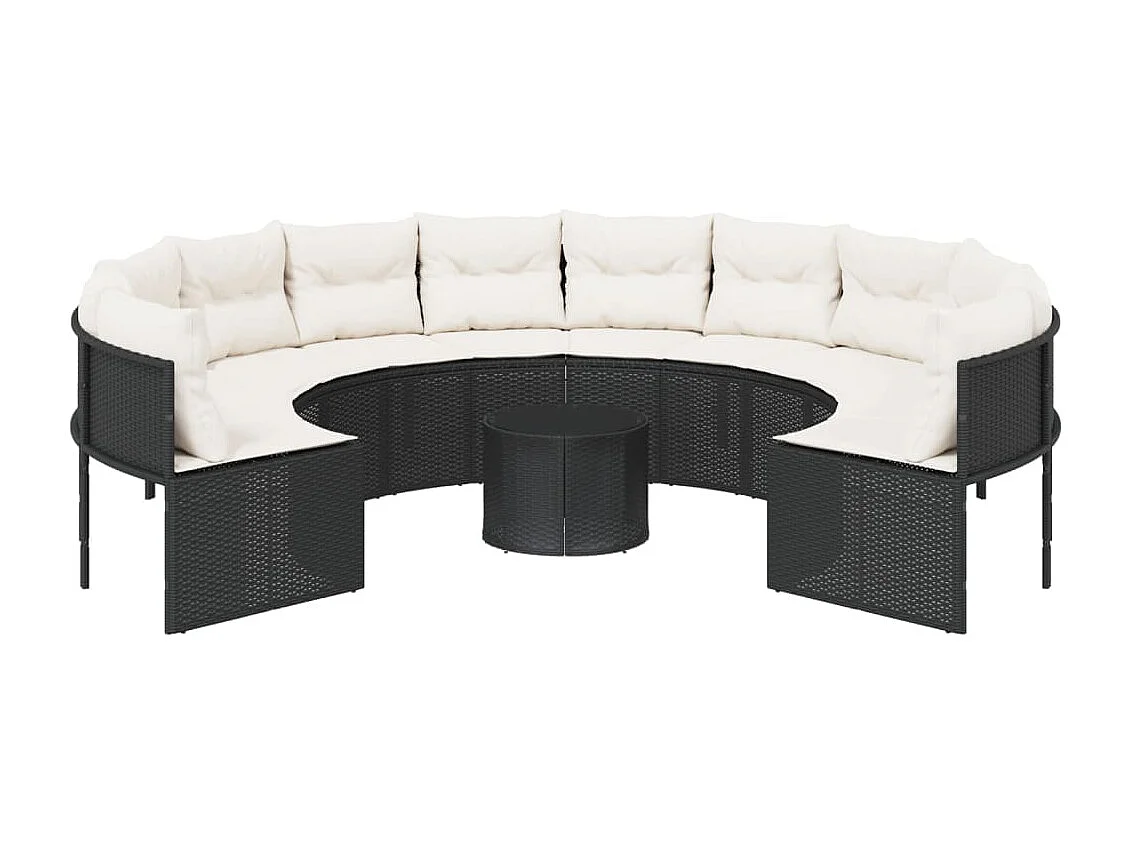 Canapé de jardin avec table coussins rond noir résine tressée