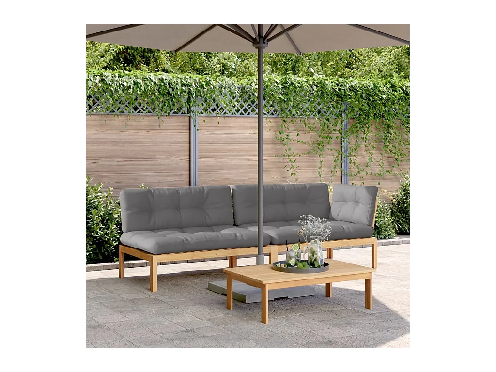 Tuinpalletlounge met kussens, 3 stuks massief acaciahout