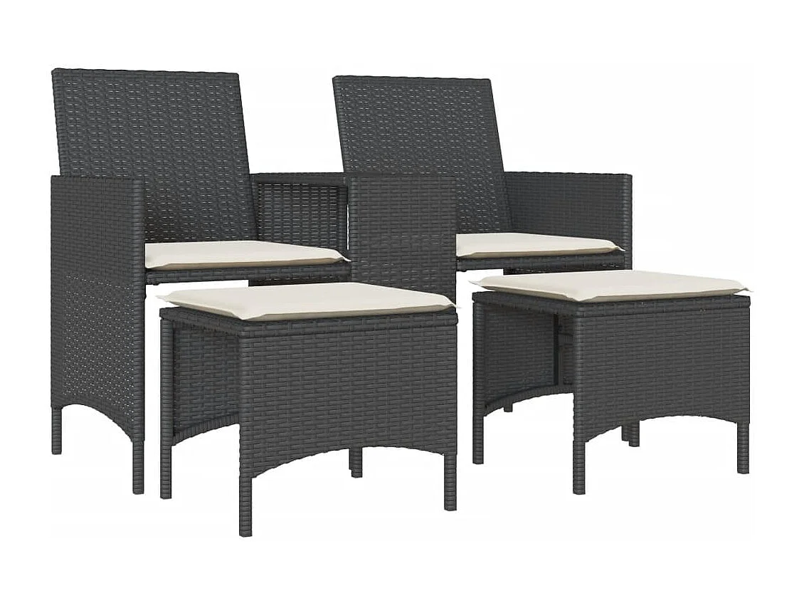 2-Sitzer-Gartensofa mit Tisch und schwarzen Rattanhockern