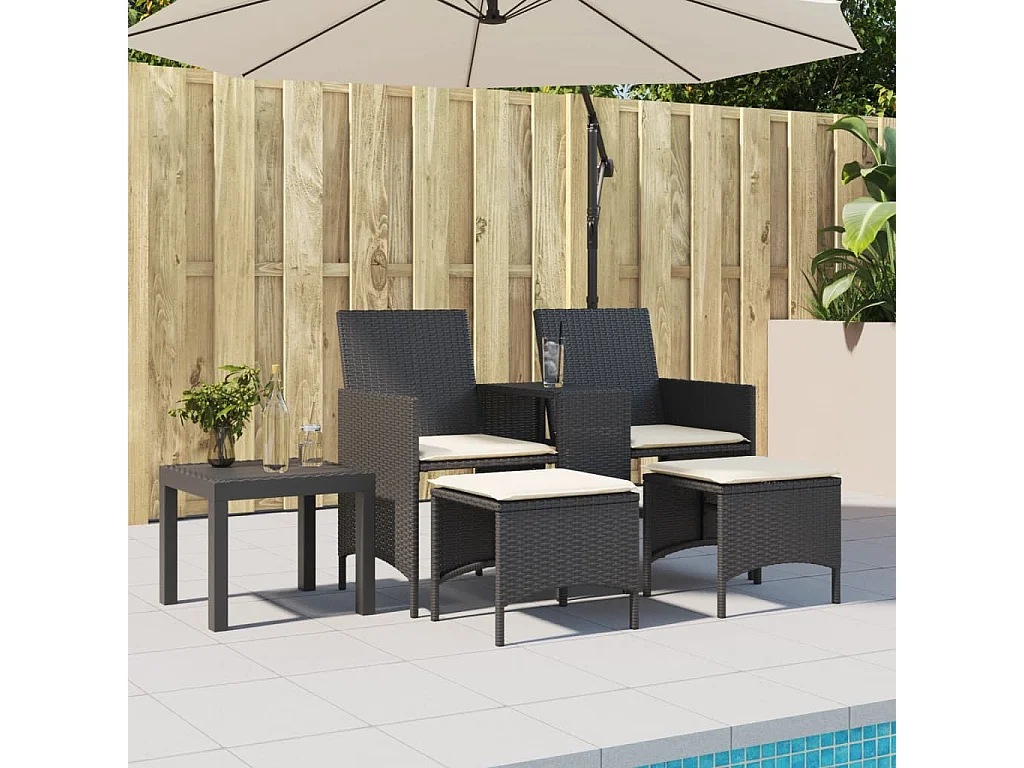 Canapé de jardin 2 places avec table et tabourets noir rotin