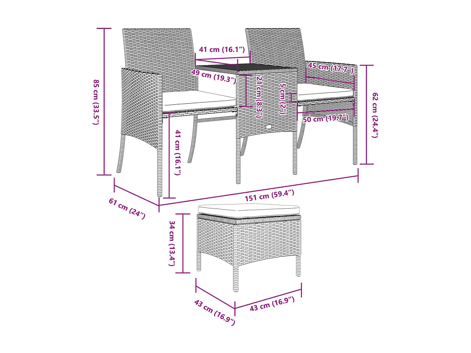2-Sitzer-Gartensofa mit braunem Rattantisch und Hockern