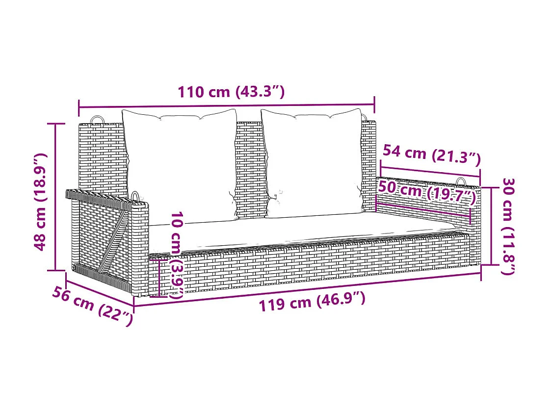 Balanço com almofadas cinza 119x56x48 cm resina tecida