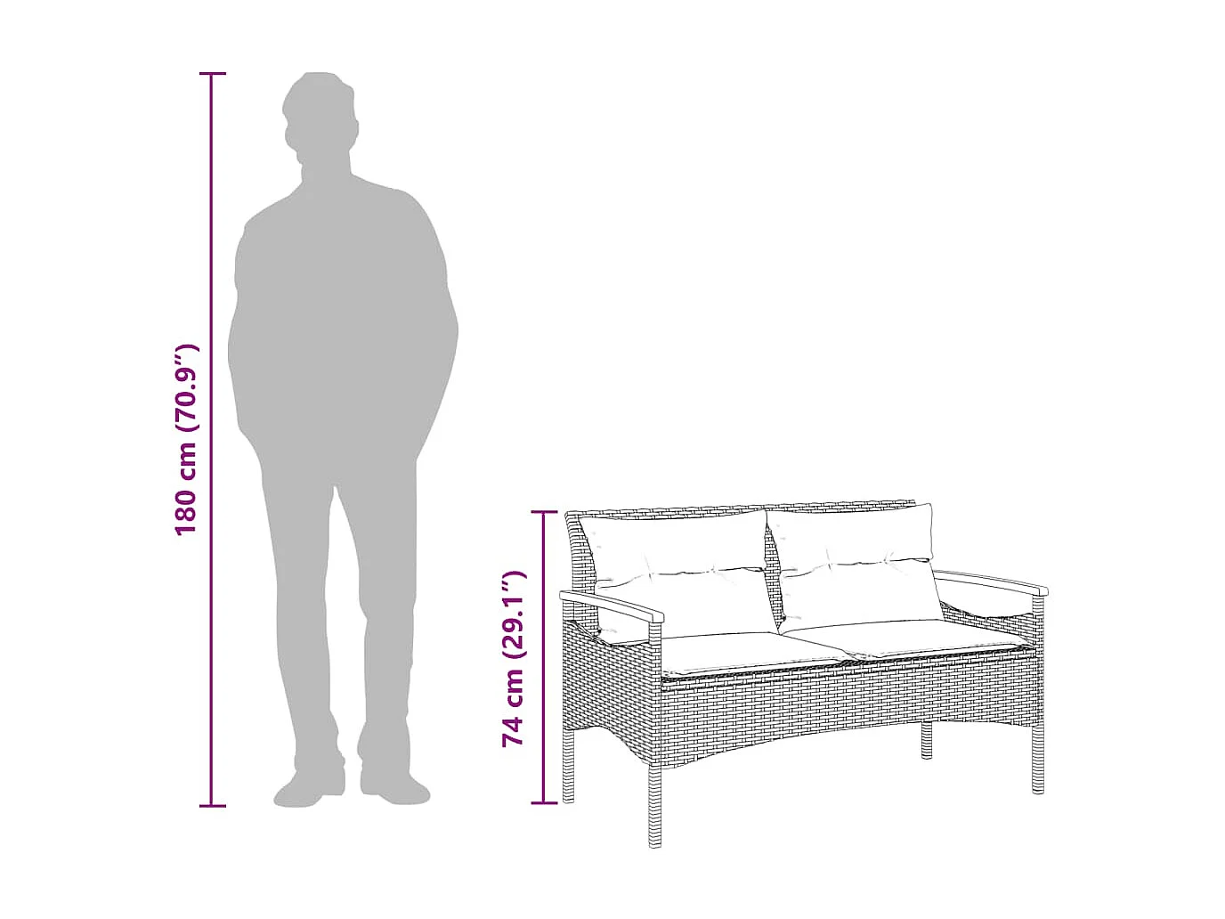 Banc de jardin avec coussins 116x62,5x74 cm gris résine tressée