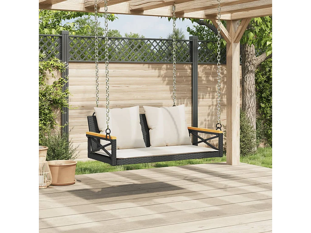 Altalena con cuscini neri 109x62x40 cm in resina intrecciata
