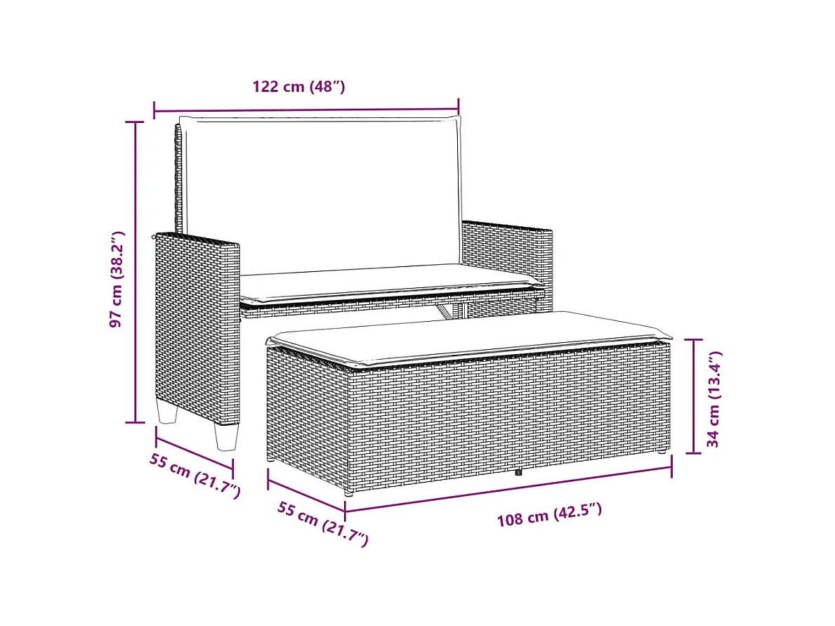Banc de jardin et coussins et repose-pied marron résine tressée