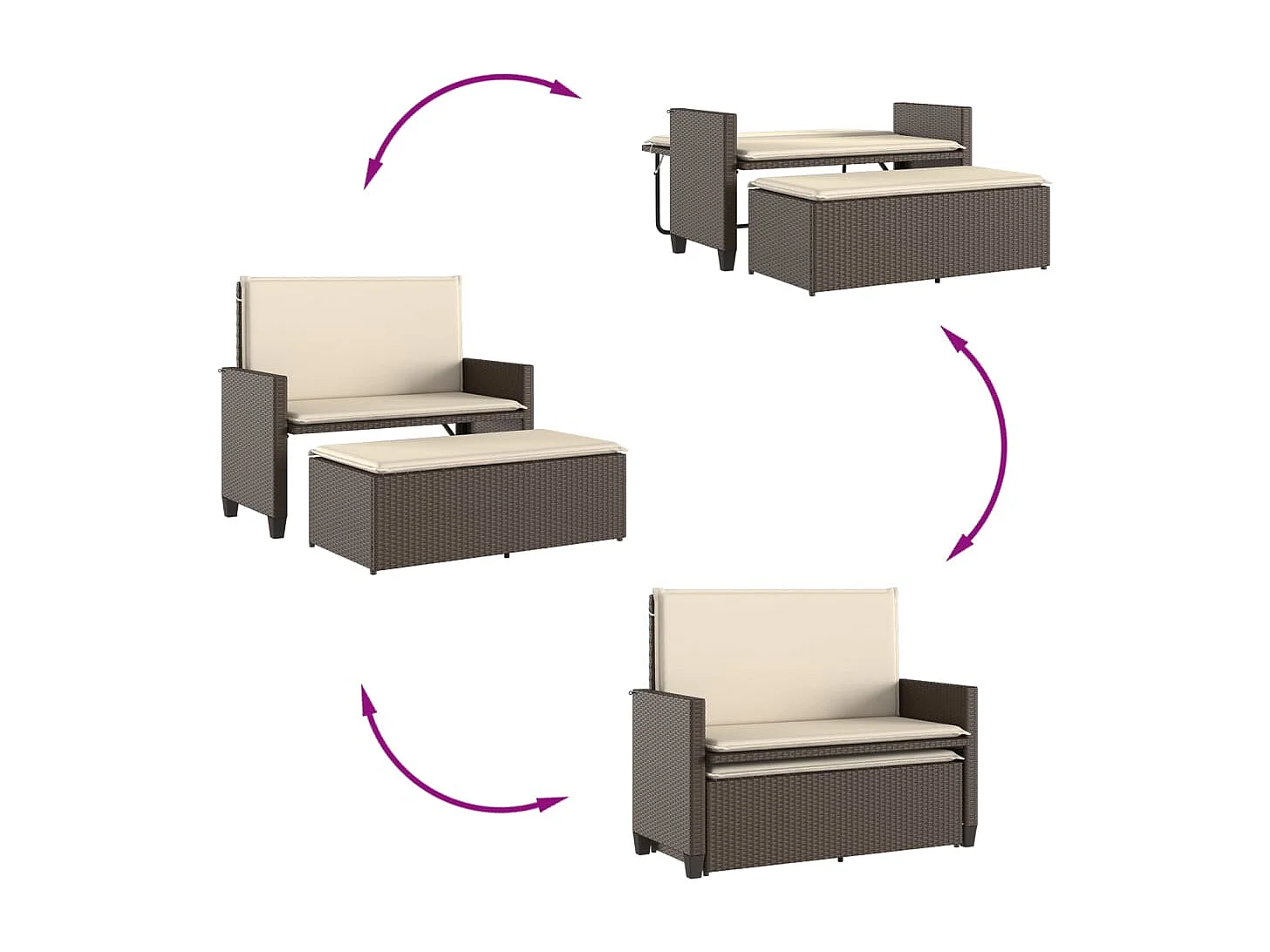 Panca da giardino, cuscini e poggiapiedi in resina intrecciata marrone